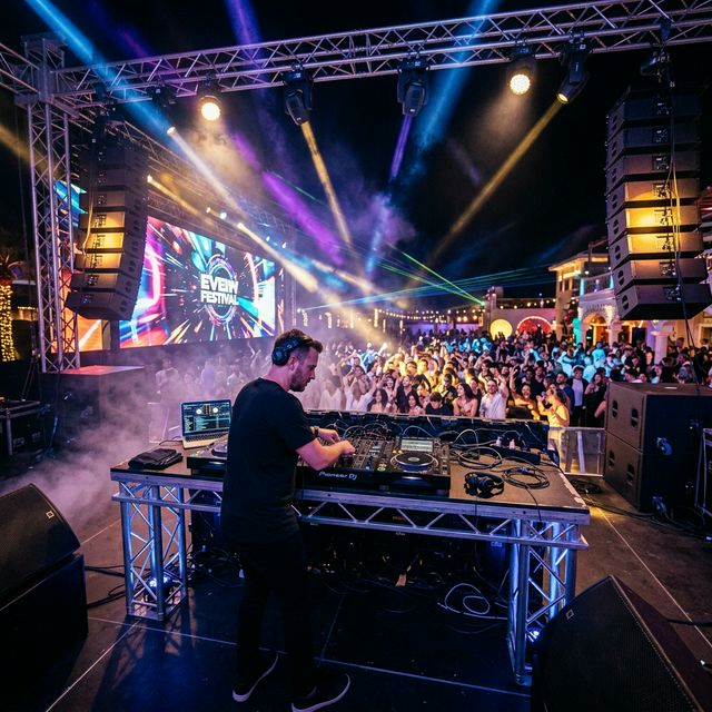 Realistic event photo with DJ lights, speakers, and a tent setup